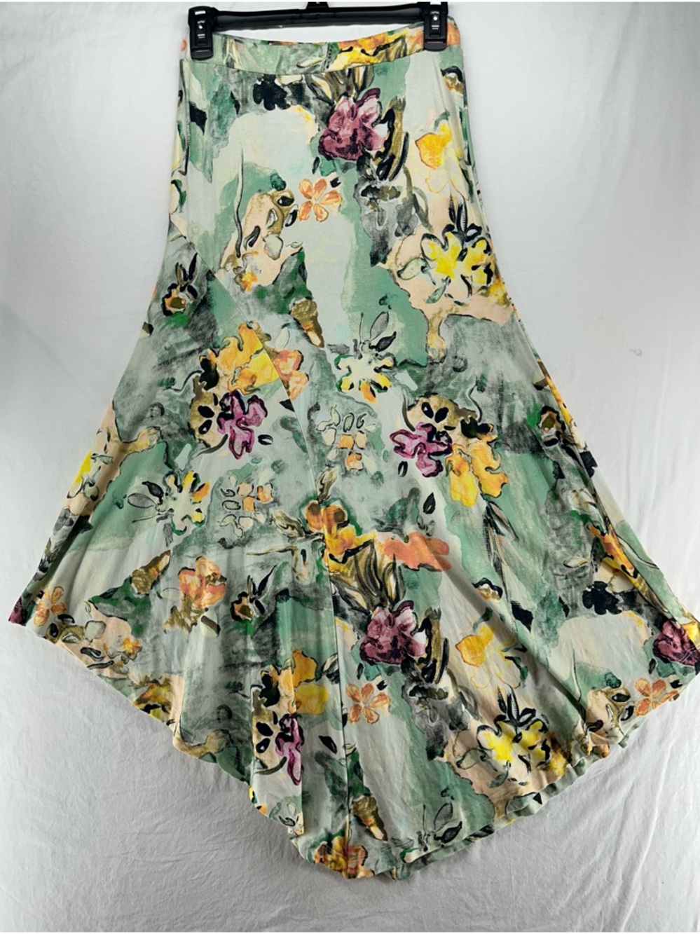 Peruvian Connection Floral Abstract Stretch Jersey Asymmetrical Hem Skirt XS